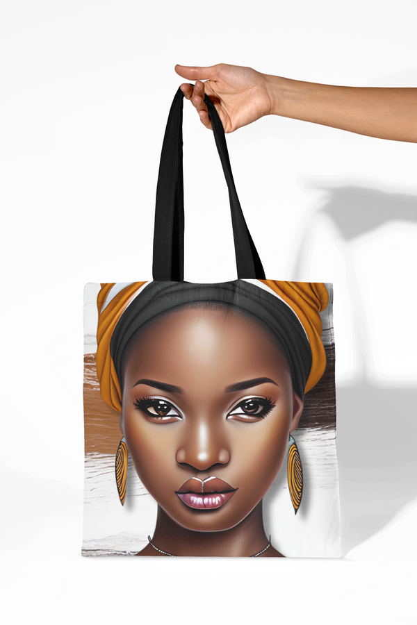 Canvas Tote Bag with a beautiful African woman wearing a head wrap printed on front